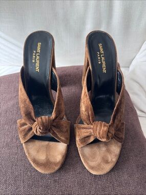Saint Laurent Brown Suede Knotted Mule Sandals